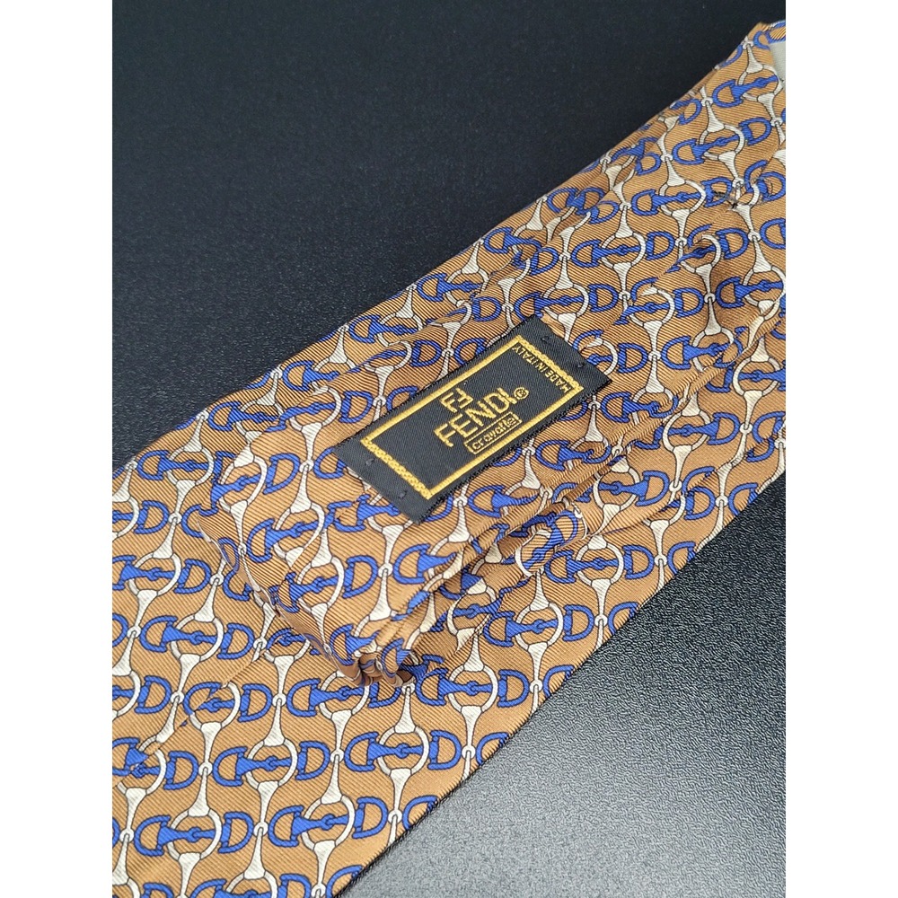 Fendi Cravatte Silk Necktie Tan Blue White Equestrian Bit Pattern Italy